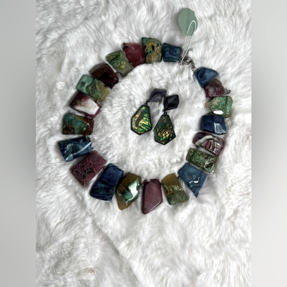 Multicolor Slab Freeform Gemstone Necklace & Earrings